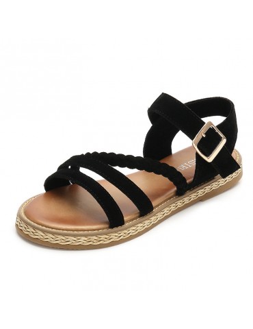 Suede Metal Buckle Opened Toe Flat Summer Sandals