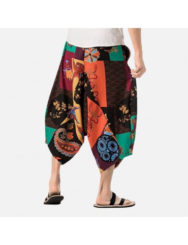 Vintage Mens Cotton Linen Harem Pants Hip Hop Baggy Wide Leg Pants Streetwear Printed Boho Trousers