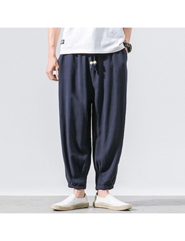 Mens Thin Linen Breathable Solid Color Loose Drawstring Casual Harem Pants