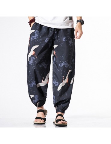 Mens National Style Crane Printing Loose Drawstring Casual Harem Pants