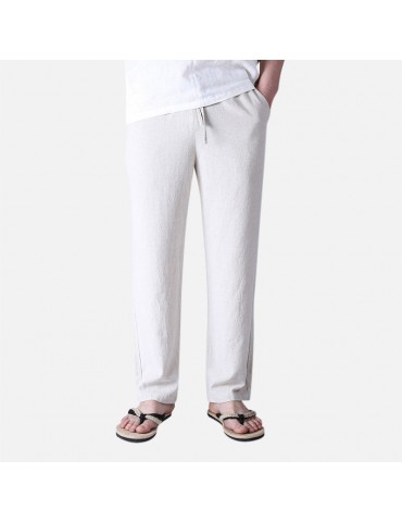 Mens Casual Loose Straight Pants Elastic Waist Retro Cotton Pants