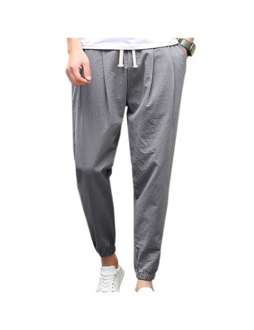 Plus Size Breathable 100% Cotton Drawstring Solid Color Spring Summer Casual Pants for Men