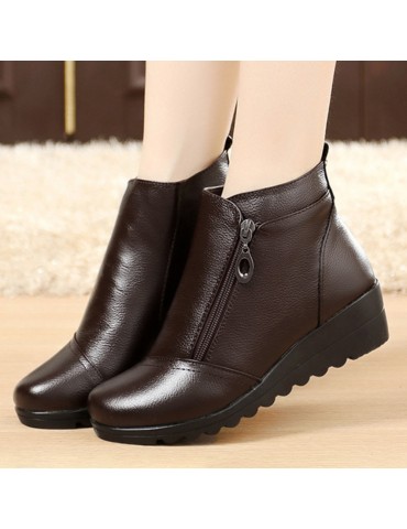 Large Size Genuine Leather Warm Lining Zipper Ankle Boots