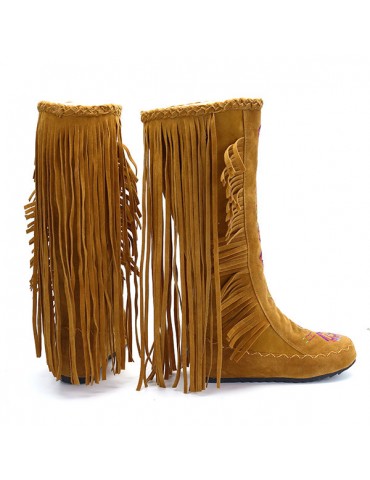 Large Size Embroidery Tassel Hidden Heel Boots