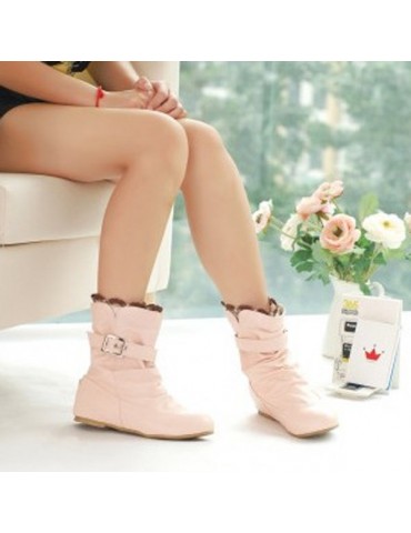 Big Size Lace Heel Buckle Increasing Slip On Mid Calf Flat Boots