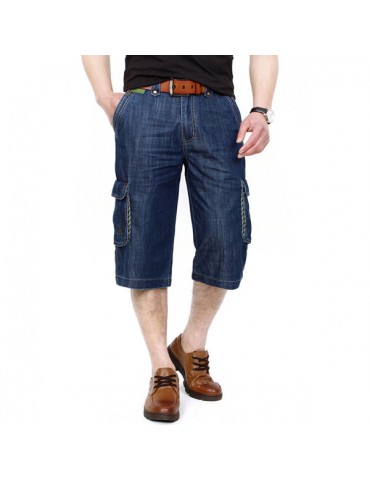 Casual Loose Straight Leg Thin Cotton Short Multi Pockets Jeans for Men