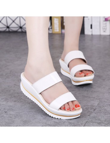 Leather Peep Toe Fish Mouth Slip On Platform Sandals Slippers