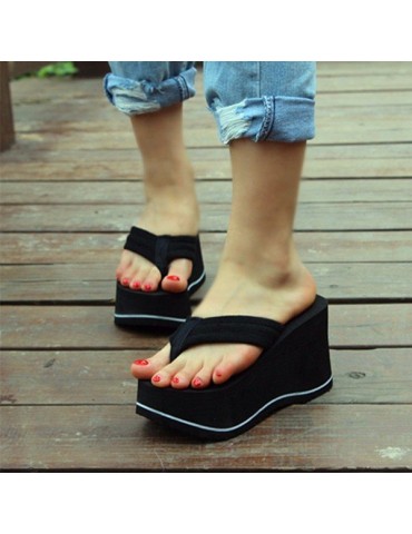 Black EVA Stripe Platform Clip Toe Beach Outdoor Flip Flops Slippers