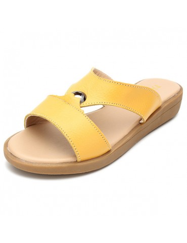 Leather Hollow Out Metal Candy Color Peep Toe Slip On Flat Beach Sandals