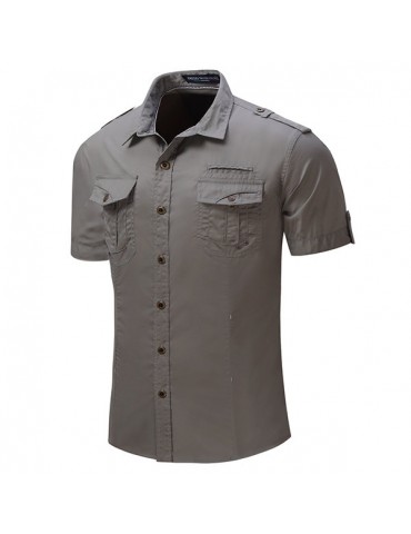 Outdoor Washed Sports Cargo Band Collar Dress Shirts for Men