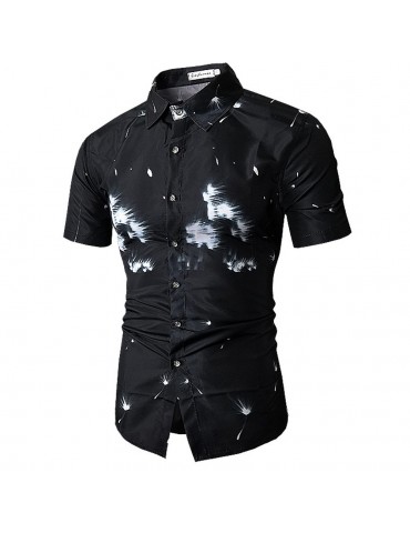 Men Casual Black Dandelion Printing Slim Fit Short Sleeve Shirt