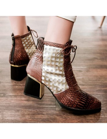 Snakeskin Patent Leather Hollow Square Heel Boots