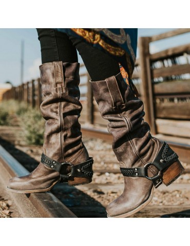 Retro Belt Buckle Chunky Heel Motorcycle Boots