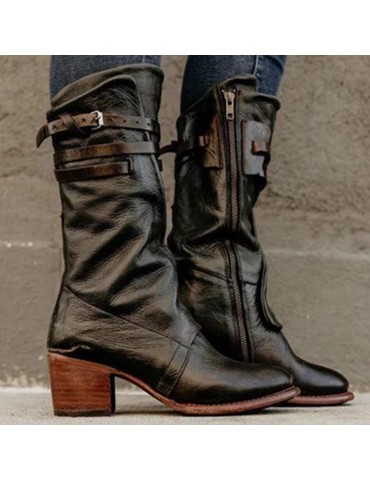 Buckle Belt Chunky Heel Motorcycle Boots