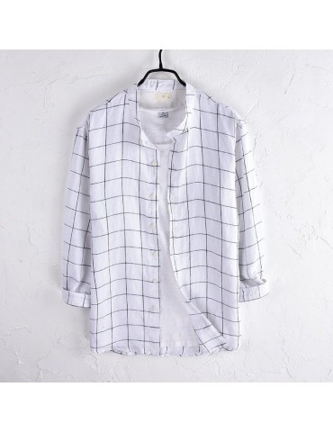 Mens Striped Linen Breathable Vintage Three Quarter Sleeve Stand Collar Casual Shirt