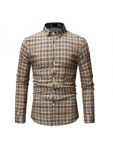 Casual Plaid Turn Down Collar Slim Fit Long Sleeve Shirt for Men