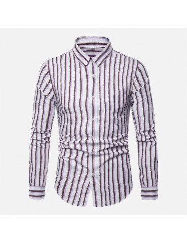 Mens Business Contrast Color Stripes Long Sleeve Shape Cotton Shirts