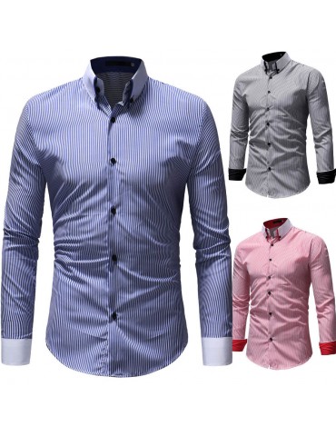 Mens Spring Autumn Turn-Down Collar Solid Long Sleeve Striped Shirt