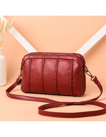 Women Vintage Soft PU Leather Crossbody Bag Solid Double Layer Shoulder Bag