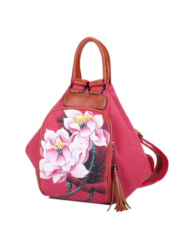 Brenice Women Canvas Backpack Travel Bags Print Lotus National Bags