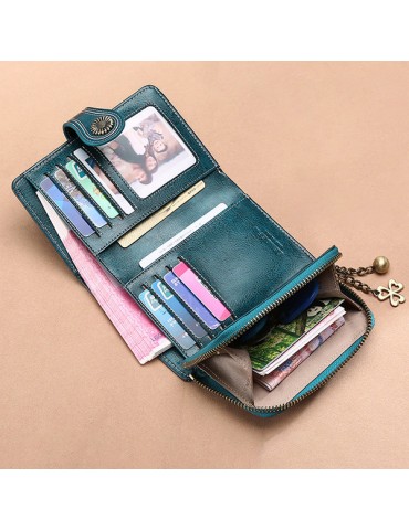 Trifold Women Oil Wax Genuine Leather 12 Card Slot Short Wallet Vintage Coin Purse