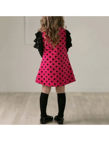 Dots Print Girls Long Sleeve Patchwork Dress For 2Y-11Y