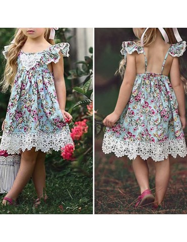 Flower Printed Toddlers Girls Kids Sleeveless Summer Lace Backless Dresses