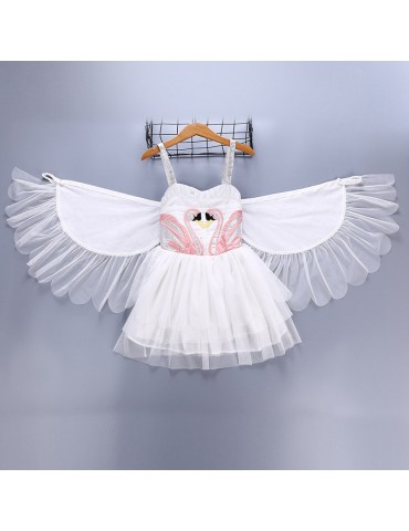 Flamingo Embroidery Girls Angel Wings Performance Princess Dress For 2Y-11Y