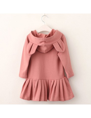 Cute Rabbit Bunny Pattern Hooded Girls Dresses Casual School Kids Girls Clothes