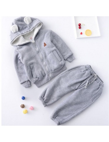 Cute Bear Pattern Girls Boys Hooded Coat Pants Sports Sets For 1Y-7Y