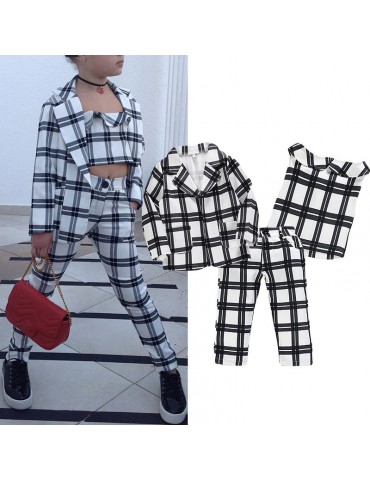 3Pcs Girls Clothing Set Grid Print Coat +Tops + Pant For 3-13Y