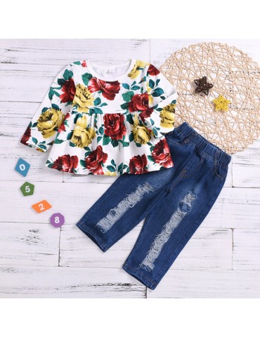 2Pcs Girls Set Flower Print Tops + Denim Pants For 1-7Years