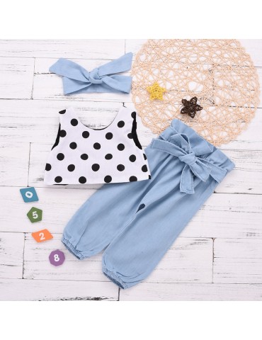 3Pcs Girls Set Dot Print Tops + Pants + Headband For 1-7Years