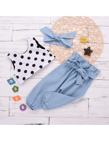 3Pcs Girls Set Dot Print Tops + Pants + Headband For 1-7Years