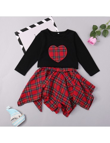 Grid Print Girls Long Sleeve Tops + Irregular Skirt Set For 1Y-7Y