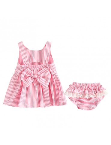 Pink/Blue Striped Baby Girls Summer Dresses Set For 1Y-5Y