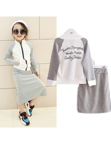 2Pcs Girls Clothing Set Letter Print Coat + Long Skirt Casual Set For 3-13Y