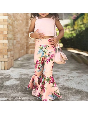 Floral Print Girls Sleeveless Top Flare Pants Sets For 1-7Years