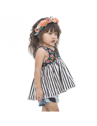 2pcs Flower Striped Printed Girls Summer Short Clothing Set For 6-48M