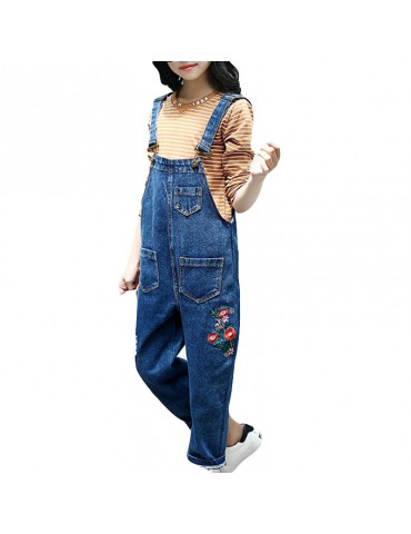 Flower Embroidery Girls Long Sleeve Tops + Suspender Jeans Sets For 4Y-15Y