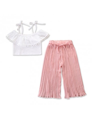 2Pcs Girls Set Off Shoulder Tops + Pleated Pants For 2-9Years