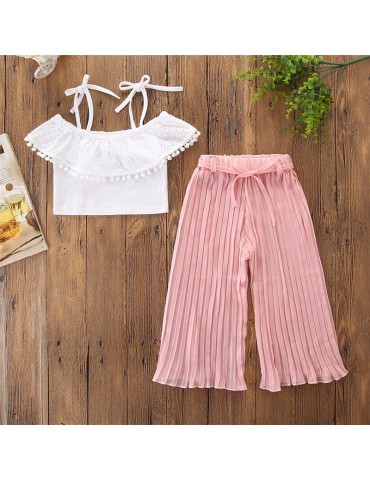 2Pcs Girls Set Off Shoulder Tops + Pleated Pants For 2-9Years