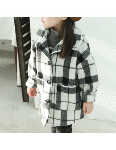 Plaid Print Girls Turn-Down Collar Woolen Jackets Coat For 1Y-9Y