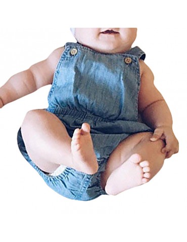 Solid Color Baby Girls Denim Backless Romper For 0-24M