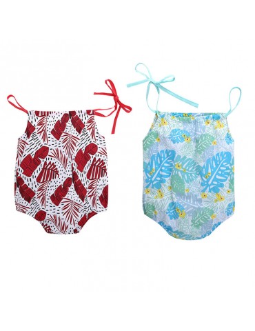 Summer Style Leaf Printed Strap Baby Romper For 0-24M