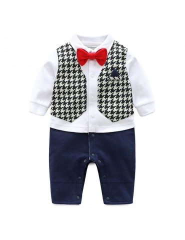 Grid Cotton Gentleman Boys Long Sleeve Jumpsuit For 0-24M