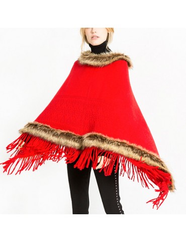 Women Tassel Solid Artificial Fur Poncho With Hood Warm Scarves Cloak Shawl Fashion Fur Hooded Shawl