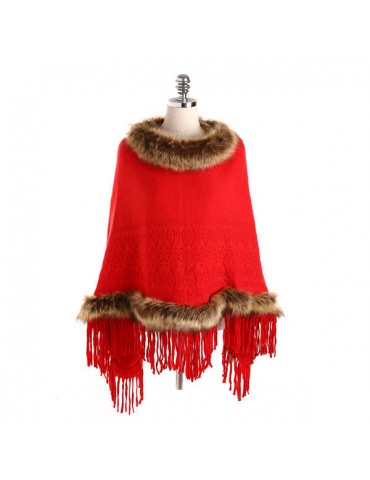 Women Tassel Solid Artificial Fur Poncho With Hood Warm Scarves Cloak Shawl Fashion Fur Hooded Shawl