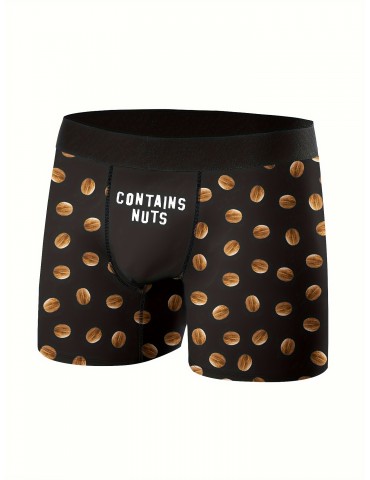 Contains Nuts Print Men's Fashion Novelty Boxer Briefs Shorts, Breathable Comfy High Stretch Boxer Trunks, Men's Underwear