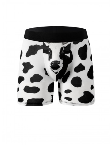 1pc Men's Cow Print Breathable Comfy Stretchy Boxer Briefs - Quick Drying Sports Trunks